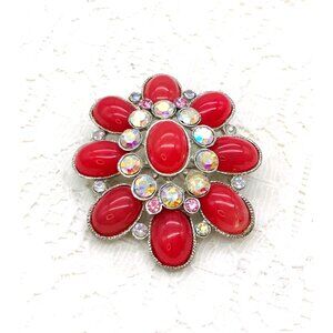 Vintage-Inspired Red Floral Rhinestone Brooch Pin Silver Tone Backing
